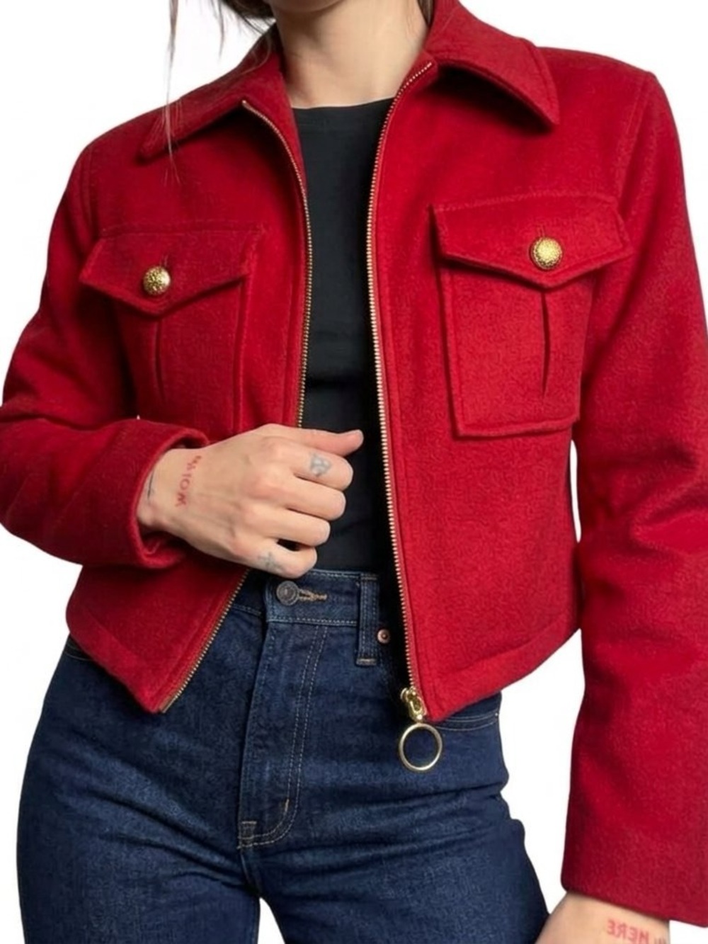 Vintage Ashley Scott Wool Cropped Bomber Jacket Holiday Red Cropped Coat